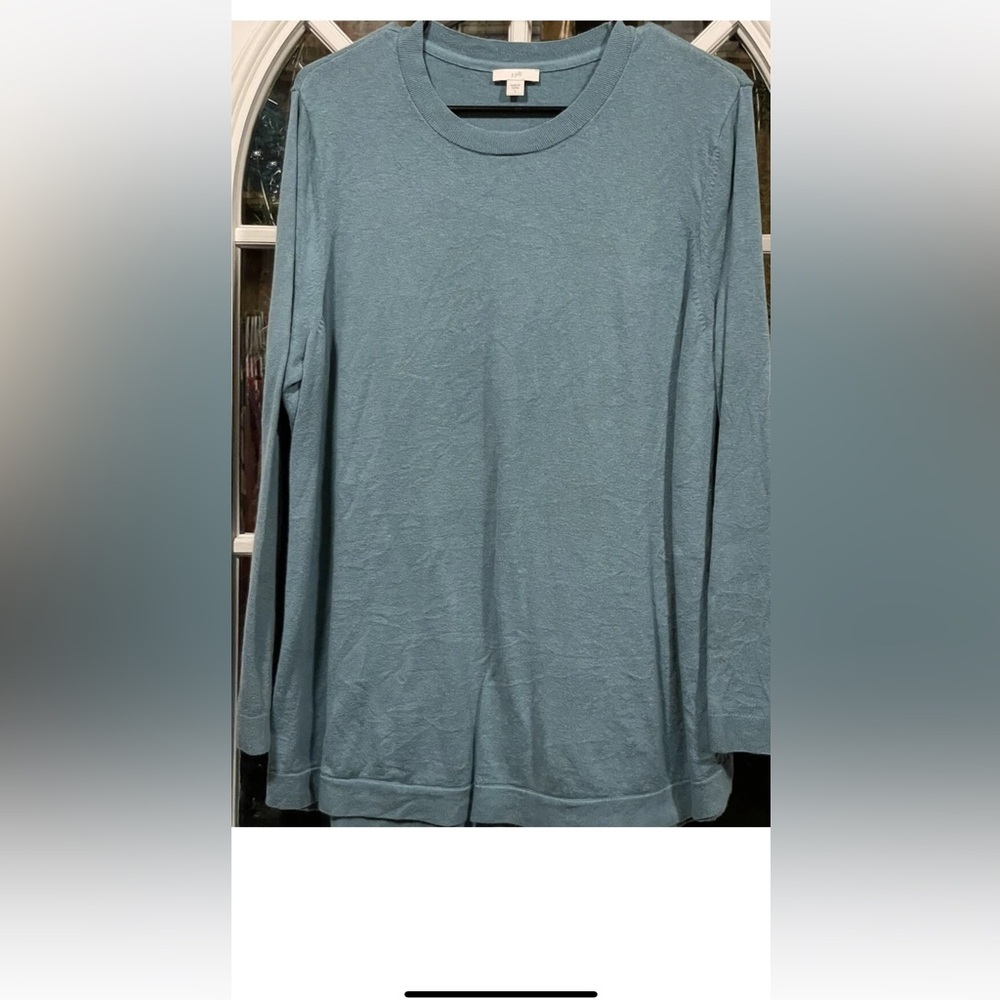 J Jill Light Teal Blue Cotton Blend Pull On Tunic Sweater Size Large Round Neck